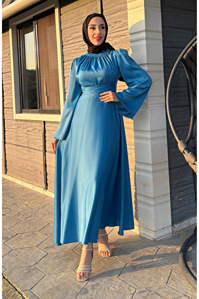 sefamerve Önü Büzgülü Zara Saten Abiye Elbise 5514-05 İndigo