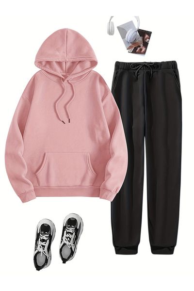 MODAVİBE Women's Large Size Unisex Straight Elastic Leg Hooded Tracksuit Suit