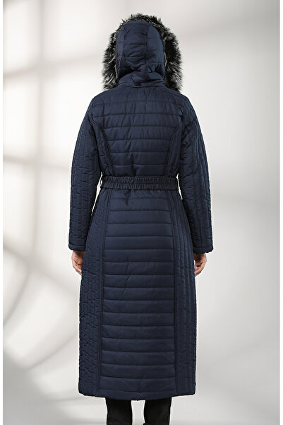 sefamerve Navy Blue Quilted Hooded Coat - 0813-02