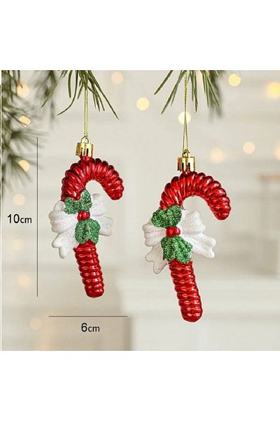 Kuzey Vip Deluxe - 3 Pcs Walking Stick Stick with Bows Crescent Decoration 10cm Bright Silvery Red Christmas Ornaments