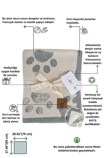 Next Baby Little Dedi Sherpa Organic Cotton Double Sided Mint Baby Kids Cute Paw Blanket, 80X100