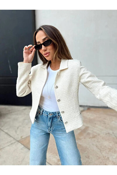 Lu Collection Pul Detay Tüvit Kumaş Ekru Blazer Ceket