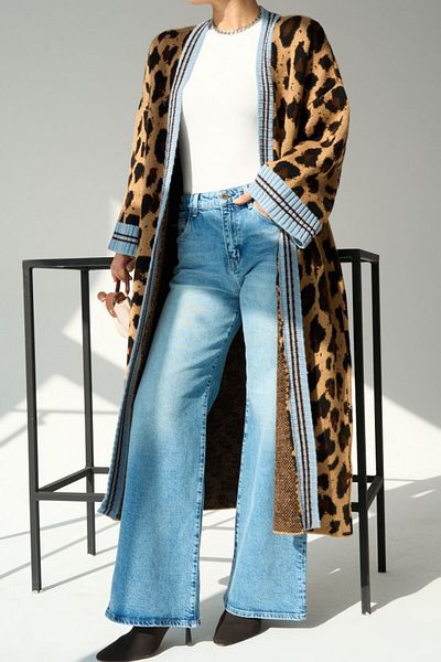 Lavanta Tekstil Cardigan lung cu dungi cu imprimeu leopard pentru damă