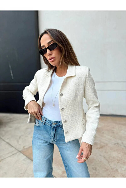 Lu Collection Pul Detay Tüvit Kumaş Ekru Blazer Ceket