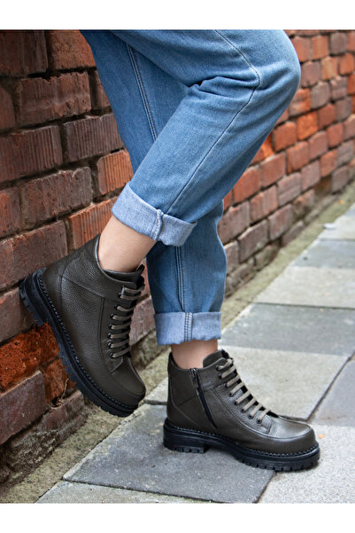 EREN SHOES BAG (VELMA) Gerçek Deri Bağcıklı-Fermuarlı Tırtıklı Kaymaz Kauçuk Taban Bilek Bot