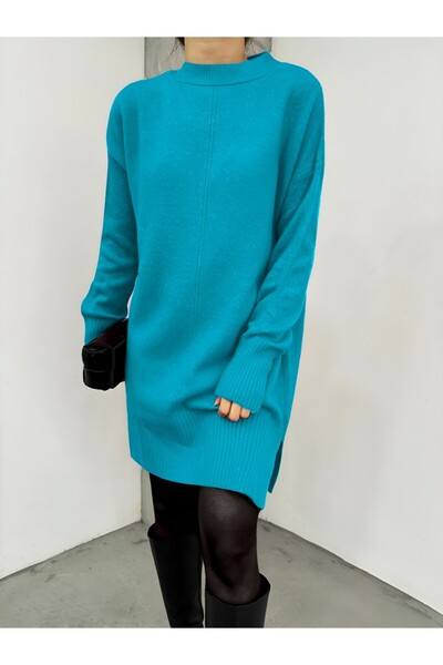 Modamorfo Crew Neck Hijab Winter Knitwear Tunic -Turquoise