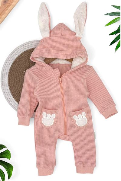 voyyo kids baby Baby Girl Sydney Fabric Ear Detailed Medium Thick Zippered Winter Jumpsuit 6-9-12-18 Months