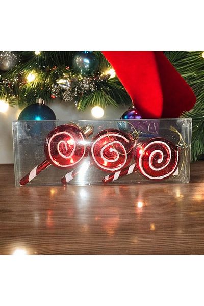 Kuzey Vip Deluxe 3Pcs - Candy Stick Spring, Tree Ornament, 10cm Bright Silvery Red Christmas Spring Ornaments