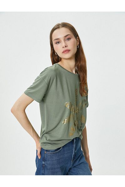 Koton Shiny Printed T-Shirt Floral Crew Neck Short Sleeve