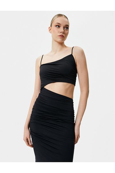 Koton Abendkleid Asymmetrischer Schnitt Fenster Detaillierte Drapierte Dünne Träger Midi Länge