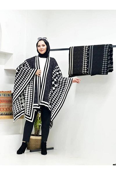 sportiness Women's Double-Sided Wearable Patterned Knitwear Shawl Poncho