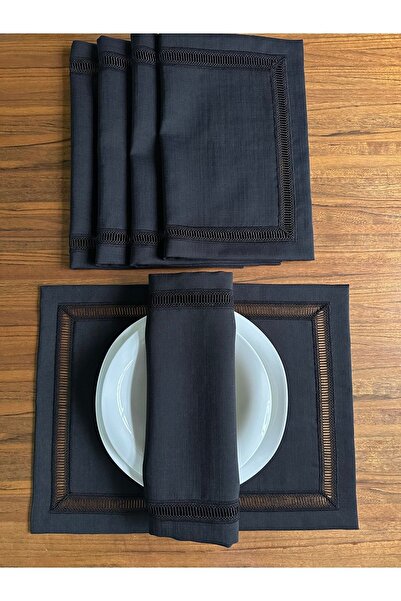 NURHAN HOME COLLECTION 6 Adet Kolberli Siyah Keten Kumaş Amerikan Servis Supla