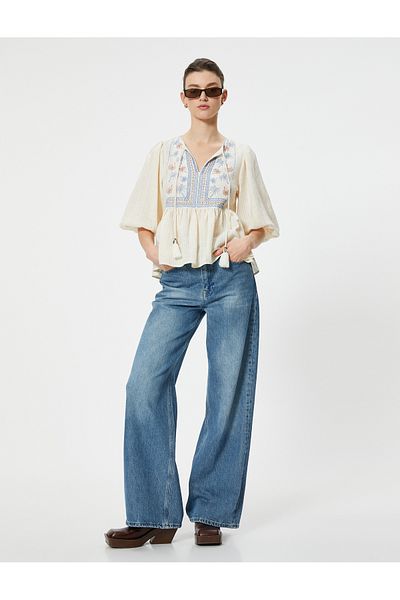 Koton Cotton Bead Embroidered Balloon Sleeve Blouse - Lace-up Collar