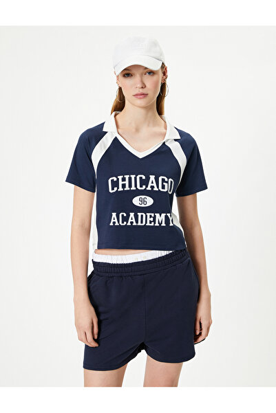 Koton Μπλουζάκι με λαιμόκοψη από βαμβακερή λεπτή εφαρμογή - Εκτύπωση με αντίθεση χρώματος