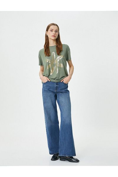 Koton Shiny Printed T-Shirt Floral Crew Neck Short Sleeve
