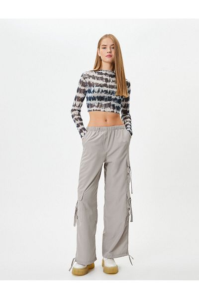 Koton Cargo Pants with Pockets, Elastic Waist, Tie Detail on the Legs
