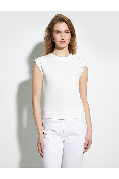 Koton Floral Appliqued Blouse Crew Neck Pearl Detail