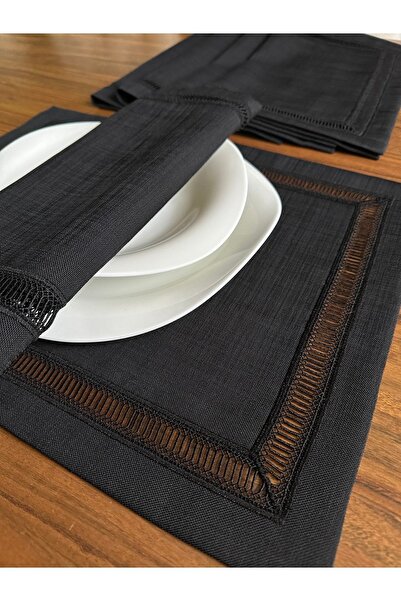 NURHAN HOME COLLECTION 6 Adet Kolberli Siyah Keten Kumaş Amerikan Servis Supla