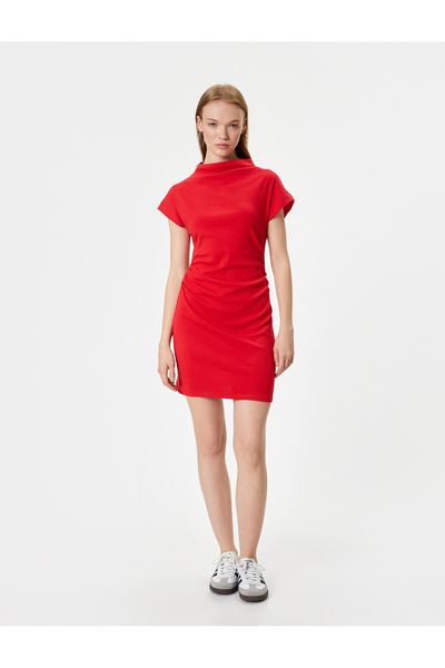 Koton Stand Collar Mini Dress - Short Sleeve and Draped