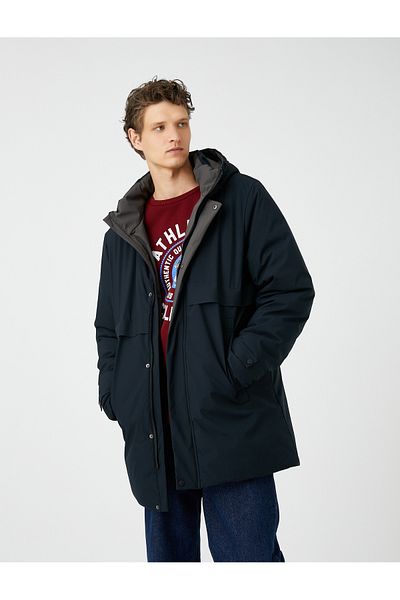 Koton Long Anorak Coat - Detachable Hood, Zipper and Print Detail