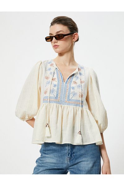 Koton Cotton Bead Embroidered Balloon Sleeve Blouse - Lace-up Collar