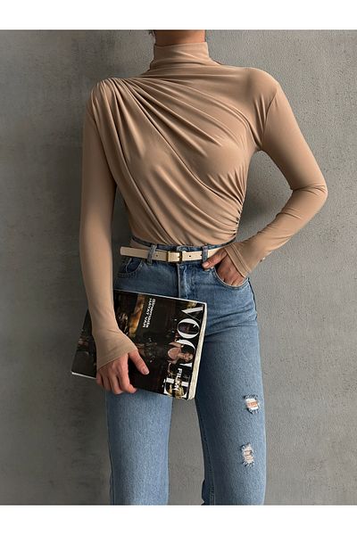 BEJNA Nerzfarbene Sandy-Bluse mit Kordelzug und Stehkragen für Damen