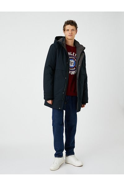 Koton Long Anorak Coat - Detachable Hood, Zipper and Print Detail