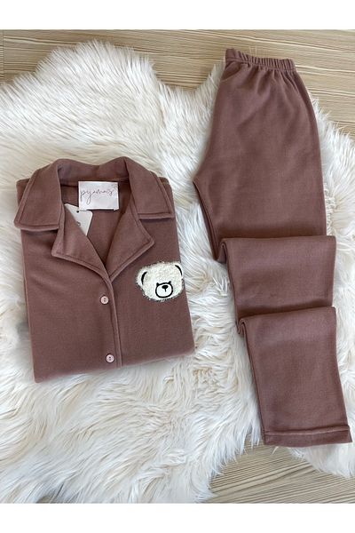 Pijamacs Σετ πιτζάμες με βελούδινο αρκουδάκι με κέντημα με κουμπιά Fleece