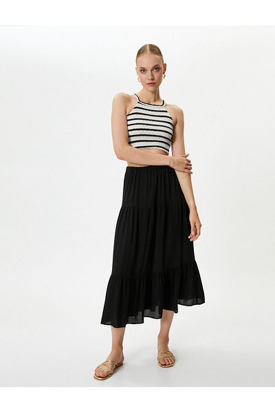 Koton Midi Skirt with Flounce and Elastic Waist Viscose