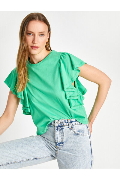 Koton Βαμβακερό κοντομάνικο μπλουζάκι με βολάν