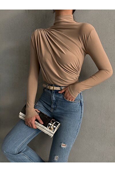 BEJNA Γυναικεία αμμώδης μπλούζα με γιακά με λεπτομέρεια με κορδόνι βιζόν