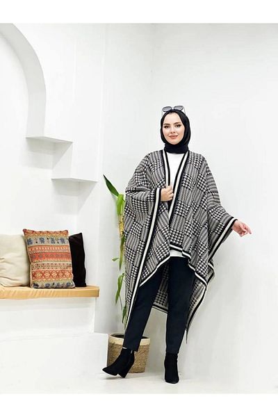 sportiness Women's Double-Sided Use Houndstooth Pattern Knitwear Shawl Poncho