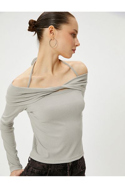 Koton Off-the-Shoulder T-Shirt Long Sleeve Bow Detailed Strap Detailed Viscous Fabric