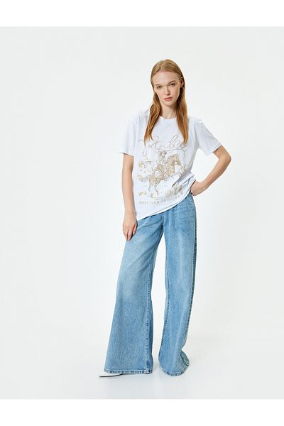 Koton Crew Neck Oversize Cotton T-Shirt - Printed