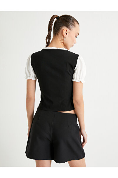 Koton Balloon Sleeve Blouse Color Contrast Ruffle Button Closure Round Neck