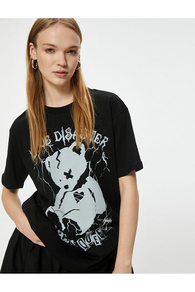 Koton Cotton Relax Fit T-Shirt - Short Sleeve, Crew Neck, Slogan Printed