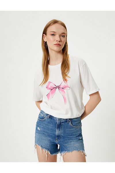 Koton Cotton Bow Printed - Crew Neck Short Sleeve Relax Fit T-Shirt