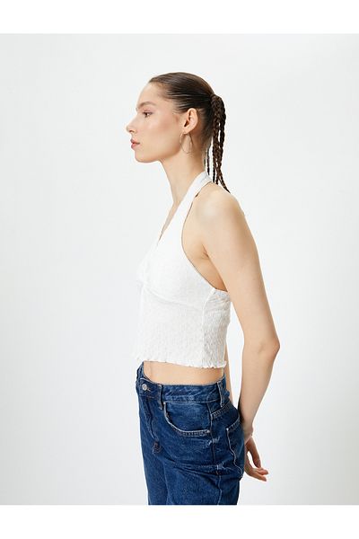 Koton Crop Top Spate Decoltat decoltat Curea groasă de gât Texturată Decolteu în V adânc