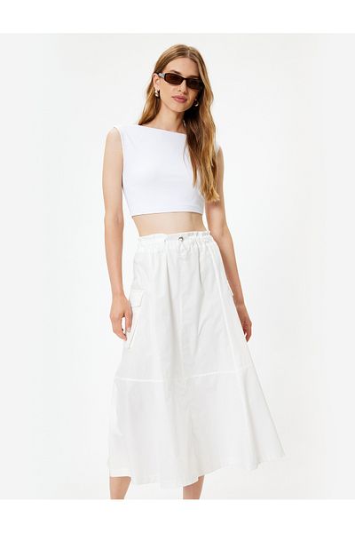 Koton Cotton Midi Length Flared Skirt - Cargo Pocket and Elastic Waist