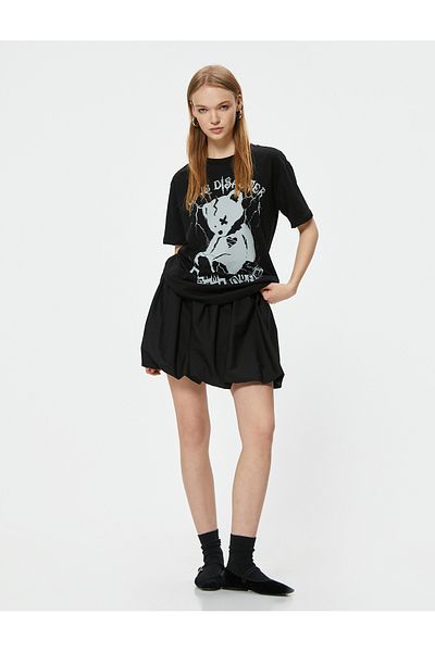 Koton Cotton Relax Fit T-Shirt - Short Sleeve, Crew Neck, Slogan Printed