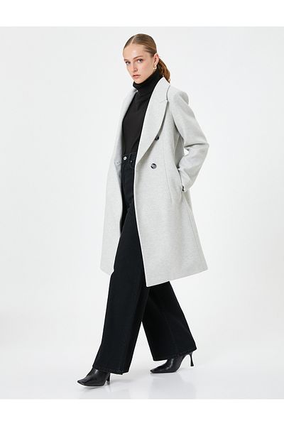 Koton Long Stretch Coat Double Breasted Closure Button Pocket Detailed Belted
