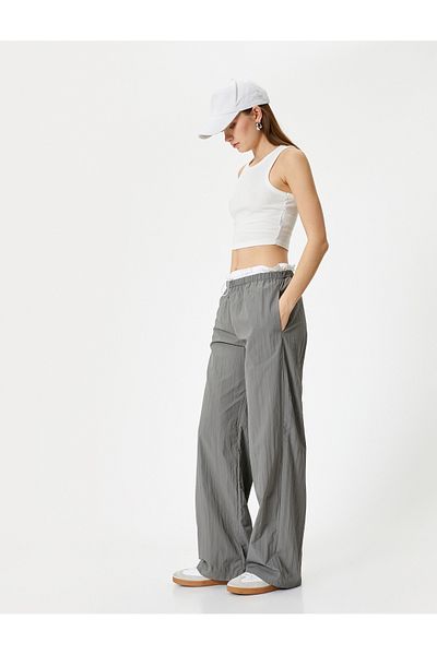 Koton Pantaloni cu picior largi, talie dublă, detaliată, talie elastică, țesătură parașuta, potrivire confortabilă