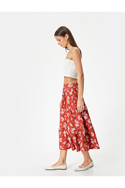 Koton تنورة ميدي الأزهار الطبقات عالية الخصر مريحة