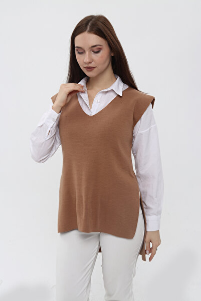 MA ananas Дамски дълъг плетен пуловер с колан с V-образно деколте