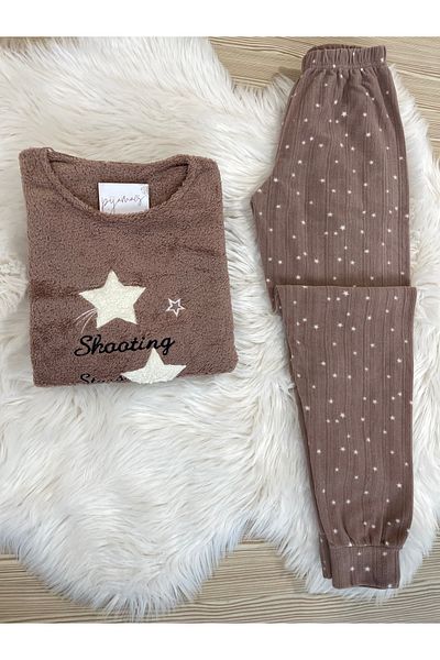 Pijamacs Комплект пижама от полар с шарки на звезди от норка с плюшен детайл отпред
