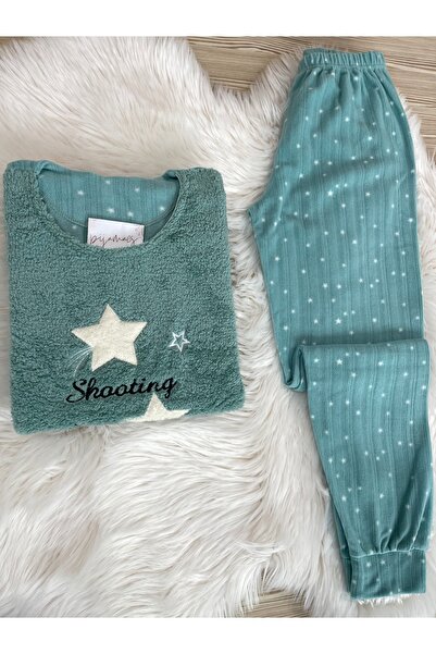Pijamacs Zöld csillag mintás polár pizsama szett elülső plüss részletekkel