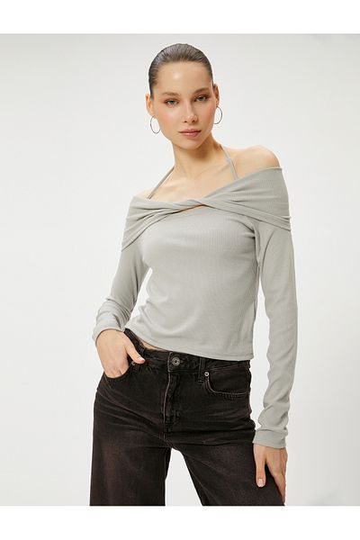Koton Off-the-Shoulder T-Shirt Long Sleeve Bow Detailed Strap Detailed Viscous Fabric