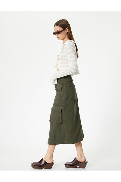 Koton Cargo Midi Denim Skirt with Front Slit Comfortable Fit