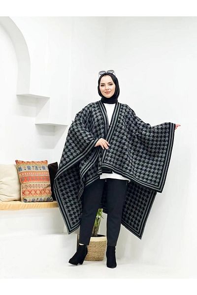 sportiness Women's Double-Sided Use Houndstooth Pattern Knitwear Shawl Poncho