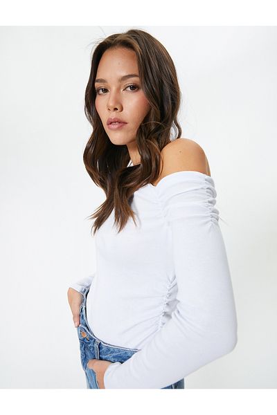Koton One-Shoulder Open T-Shirt Langarm Drapierte Baumwolle